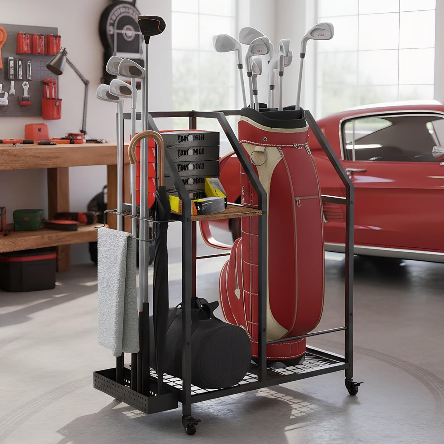 Golf Storage Organizer for Garage, Golf Bag Storage Rack with Wheels, Mobile Golf Club Rack for Garage, Heavy Duty Golf Bag Holder Stand with Rolling Wheels & Multi Storage