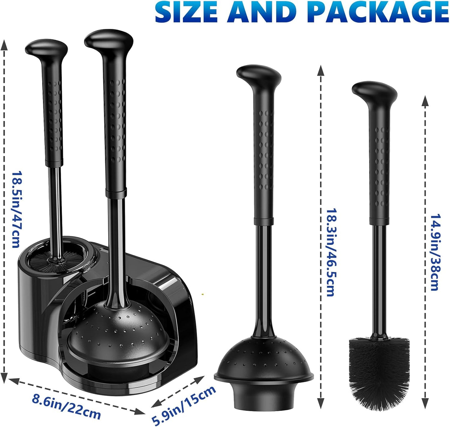 Toilet Brush and Plunger Set: 2-in-1 Heavy Duty Toilet Plunger and Bowl Brush Combo with Holder for Bathroom Cleaning - Black