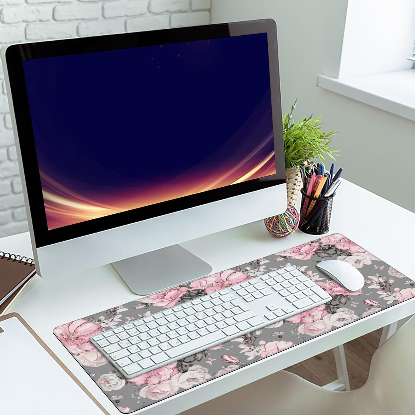Desk Mat,Flower Rose Gaming Mouse Pad,XXL Extended Mouse Pad Mat for Office,Computer,Keyboard with Non-Slip Base Stitched Eges Mousepad 35.4x15.75 inch