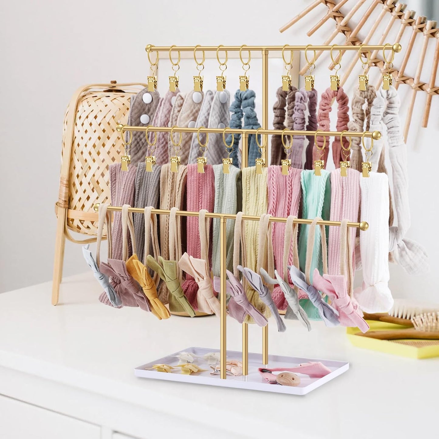 POVETIRE Headband Holder Stand Storage for Baby, 3 Tier Wooden Bow Organizer for Girls Hair Bows, Infant Hair Accessories Rack Display for Nursery Decor