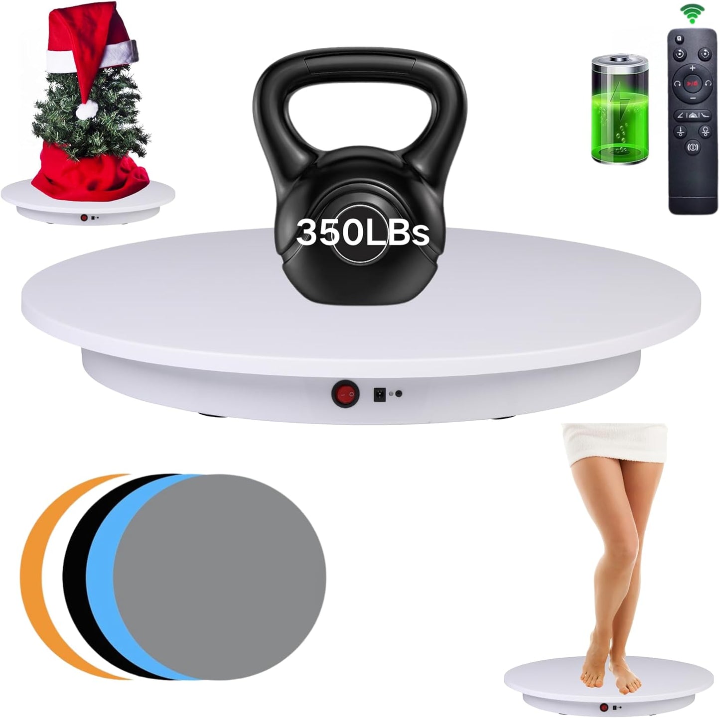 JAYEGT Motorized Rotating Display Stand，350Lbs Load ，360 Degree Electric Rotating Turntable for Photography Products Display，Live Show,Remote Control +5 Colors Backgrounds (White/23.6Inch /Rechargeable)