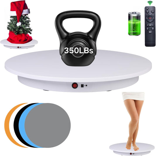 JAYEGT Motorized Rotating Display Stand，350Lbs Load ，360 Degree Electric Rotating Turntable for Photography Products Display，Live Show,Remote Control +5 Colors Backgrounds (White/23.6Inch /Rechargeable)