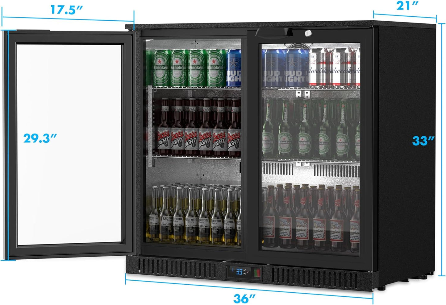 Coolski Back Bar Cooler Commercial Undercounter Refrigerator with 2 Glass Door, Bar Beverage Refrigerator for Beer Soda Wine 7.0 Cu.Ft. Capacity LED Lighting ETL NSF Approved, Black