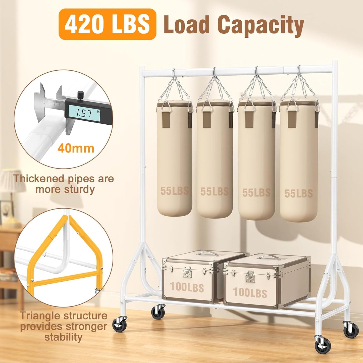 EAGMAK Heavy Duty Clothes Rack Load 420 LBS, 47.2" Long Rolling Garment Rack with Lockable Wheels, Standing Metal Clothing Hanger, Portable Wardrobe Sturdy Coat Organizer for Hanging Clothes (White)