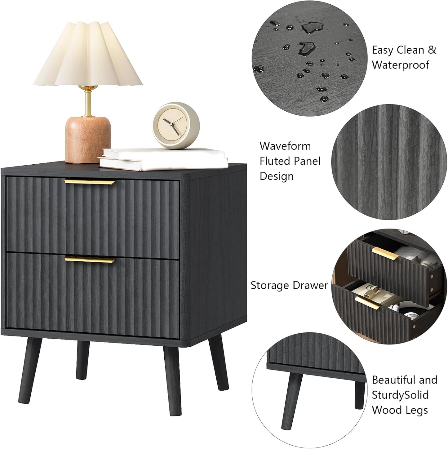 CARPETNAL Fluted Nightstand Set of 2, Black Bedside Table with 2 Drawers and Gold Handles, Wood End Table Mid Century Night Stands for Bedroom Living Room