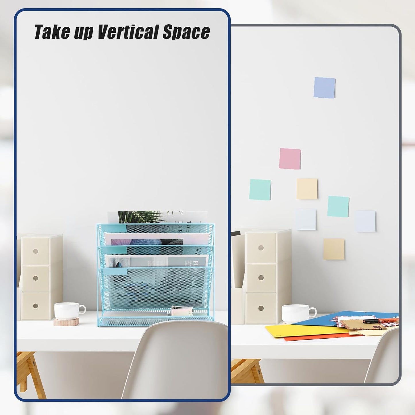 EASEPRES Desk File Organizer Mesh 4-Tier, Hanging Wall Mount Document Organization Stand, Desktop Vertical Mail Paper Folder Holder Rack with Bottom Tray for Office Home Cubicle Countertop, Blue