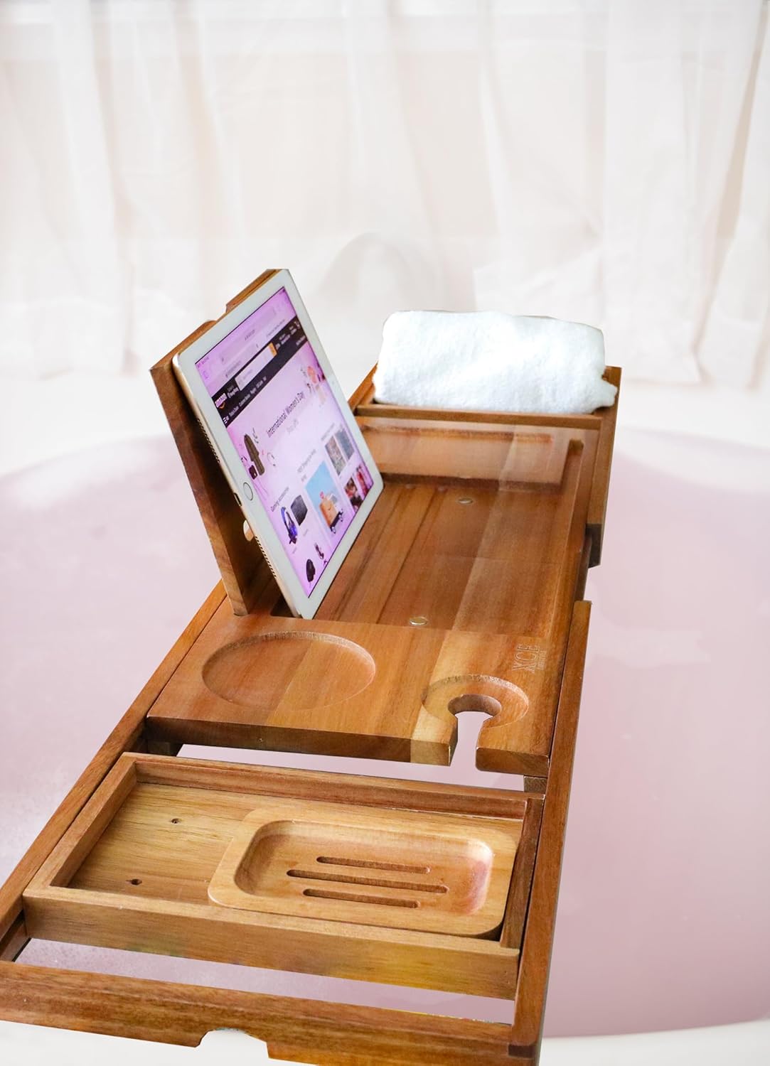 XcE Foldable Acacia Wood Bathtub Caddy Tray - Expandable to 40 Inches with Non-Slip Pads for Couples Luxury Bath