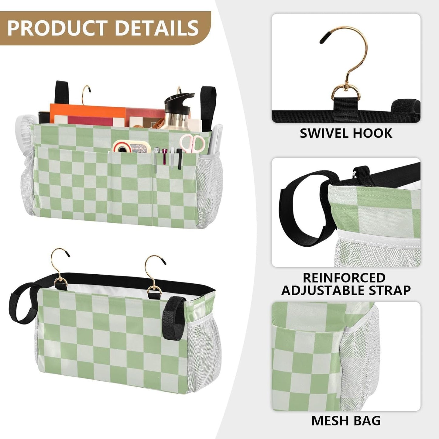 Checkered Mint Green and White Bedside Caddy for Dorm Bed Bedside Hanging Caddy Bag Iron Frame Storage Organizer Pocket for Bunk Home College Hospital Beds 2 Hooks