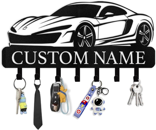 Personalized Key Holder Wall Mount - Custom Key Rack Wall Mount with Hooks, Metal Key Rack Organizer, Car Design Key Hanger, Coat Rack, Wall Mounted Decor for Entryway, Front Door, Office