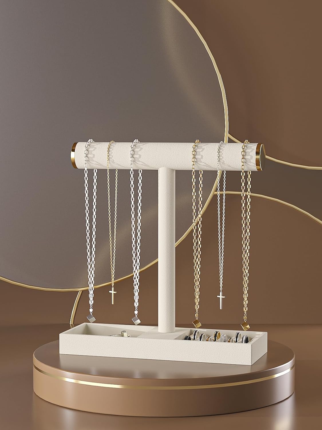 Bracelet and Necklace Holder,Velvet Jewelry Necklace Display Organizer Stand,bracelet Holder for Selling,Bracelet and Necklace Storage Tree (Style 1（Beige+ Metal lid）)
