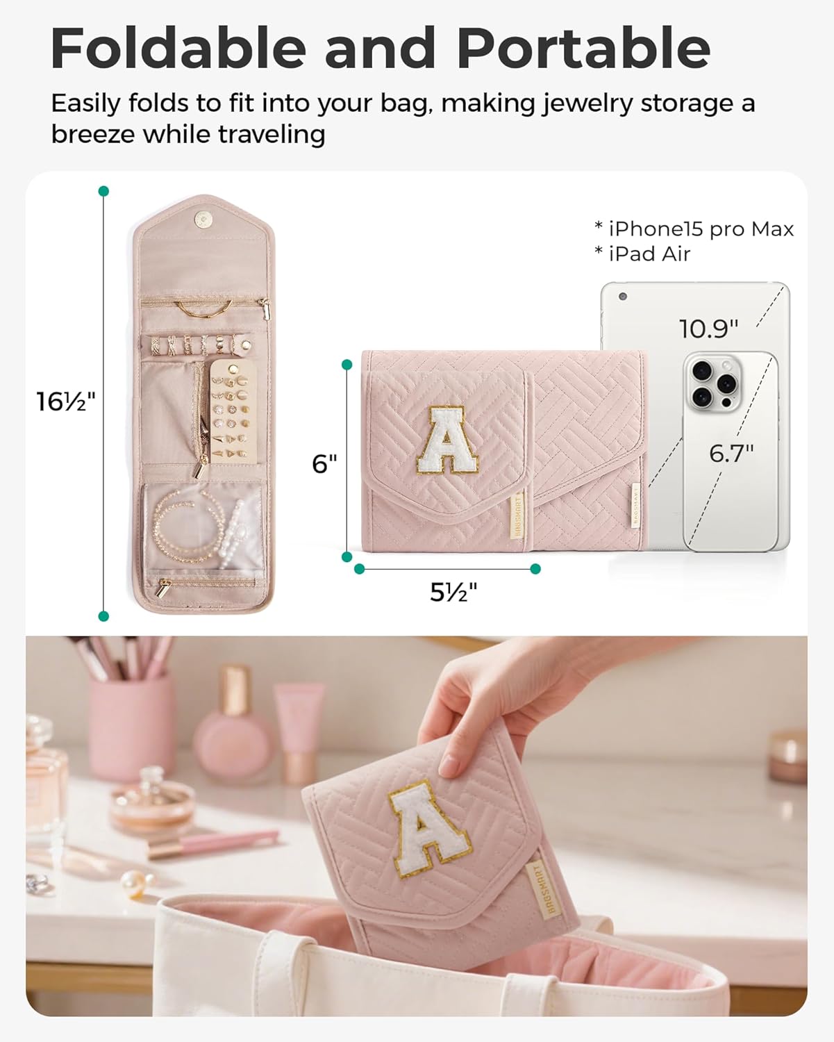 BAGSMART Travel Jewelry Organizer Case M Initial Foldable Jewelry Roll for Journey Rings, Necklaces, Earrings, Bracelets,Mini,Letter M,Soft Pink