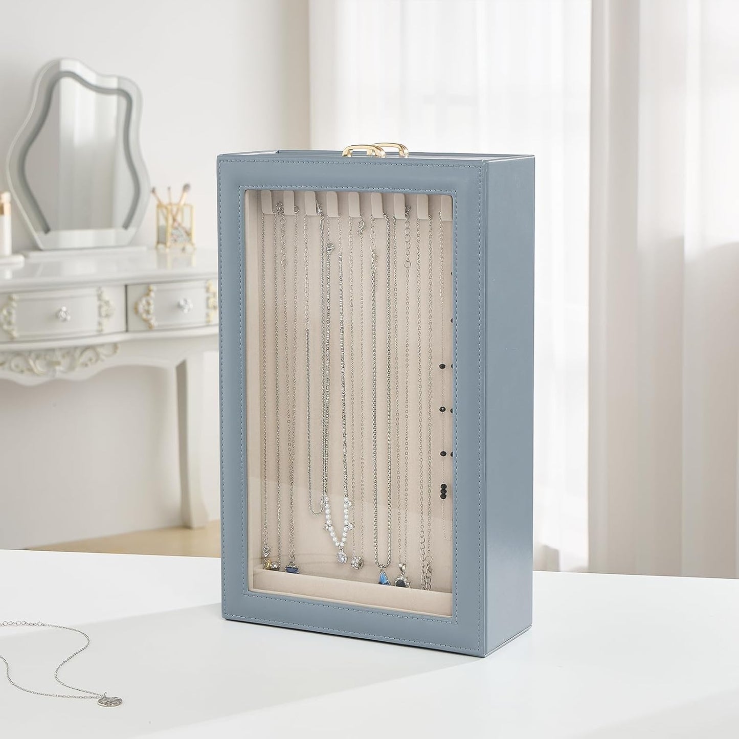 Lolalet Necklace Organizer Box, 2-Layer Jewelry Storage Boxes with Clear Lid for Necklaces, Tangle-Free Necklace Display Case for Women Girls -Dusty Blue