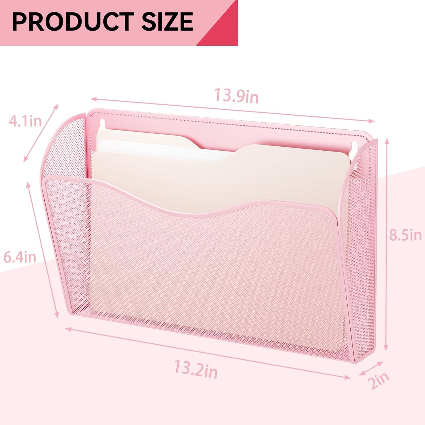 3 Single Pocket Wall File Holder, Mesh Hanging File Folder Paper Organizer, Vertical Wall Mounted Mail Basket, Storage Organization Magazine Rack for Office, Home and School, Pink