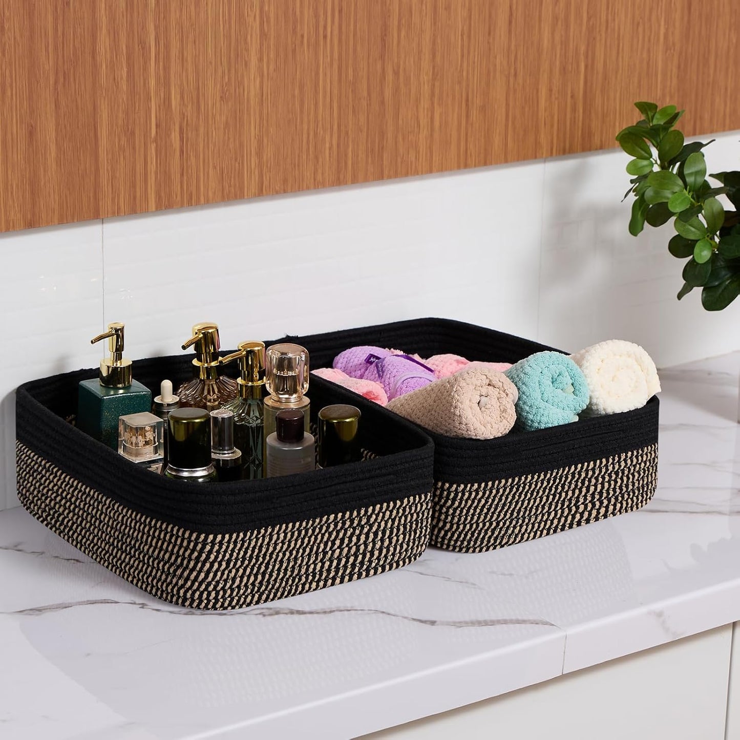 Large Shallow Organizing Baskets 15x11x5.1 Inches - Rope Woven Storage Bins for Bathroom, Shelves, Cube Closet, Black Woven Brown 3 Packs