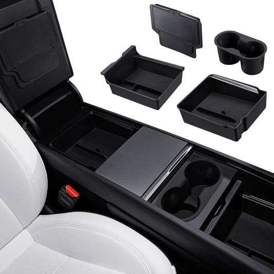 Motrobe 2026 Tesla Model Y Tesla Model 3 Center Console Organizer Tray Cup Holder Magnetic Armrest Hidden Storage Box Model 3 Highland Model Y Juniper (Standard/Premium/Performance) Accessories 4PCS