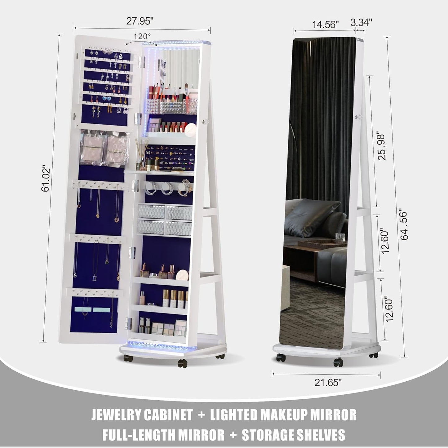 Full Length Mirror with Storage, Standing Mirror Jewelry Cabinet with 3 Color LED Lights, 360° Swivel Jewelry Armoire with Mirror & Storage Shelves, White