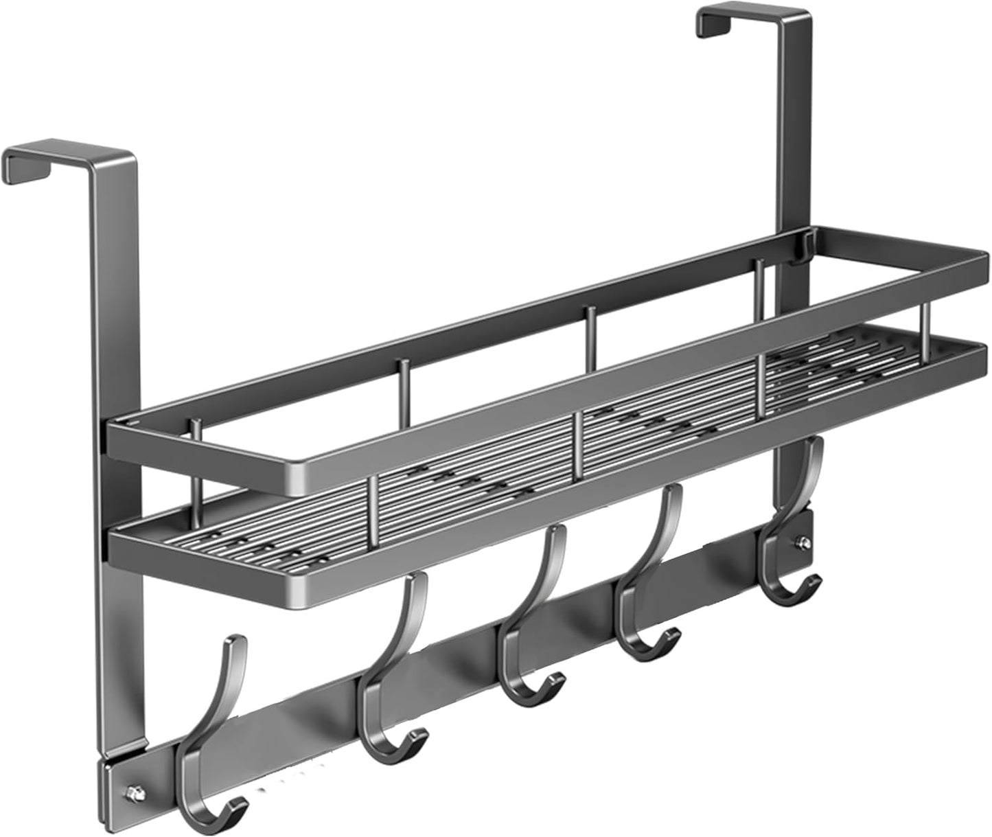 Over The Door Hooks Organizer, Coat Rack Over The Door Storage Hanger Towel Rack with Mesh Baskets and 10 Hooks, Back of Door Storage Organizer for Bathroom, Bedroom, Kitchen, Office (Grey)