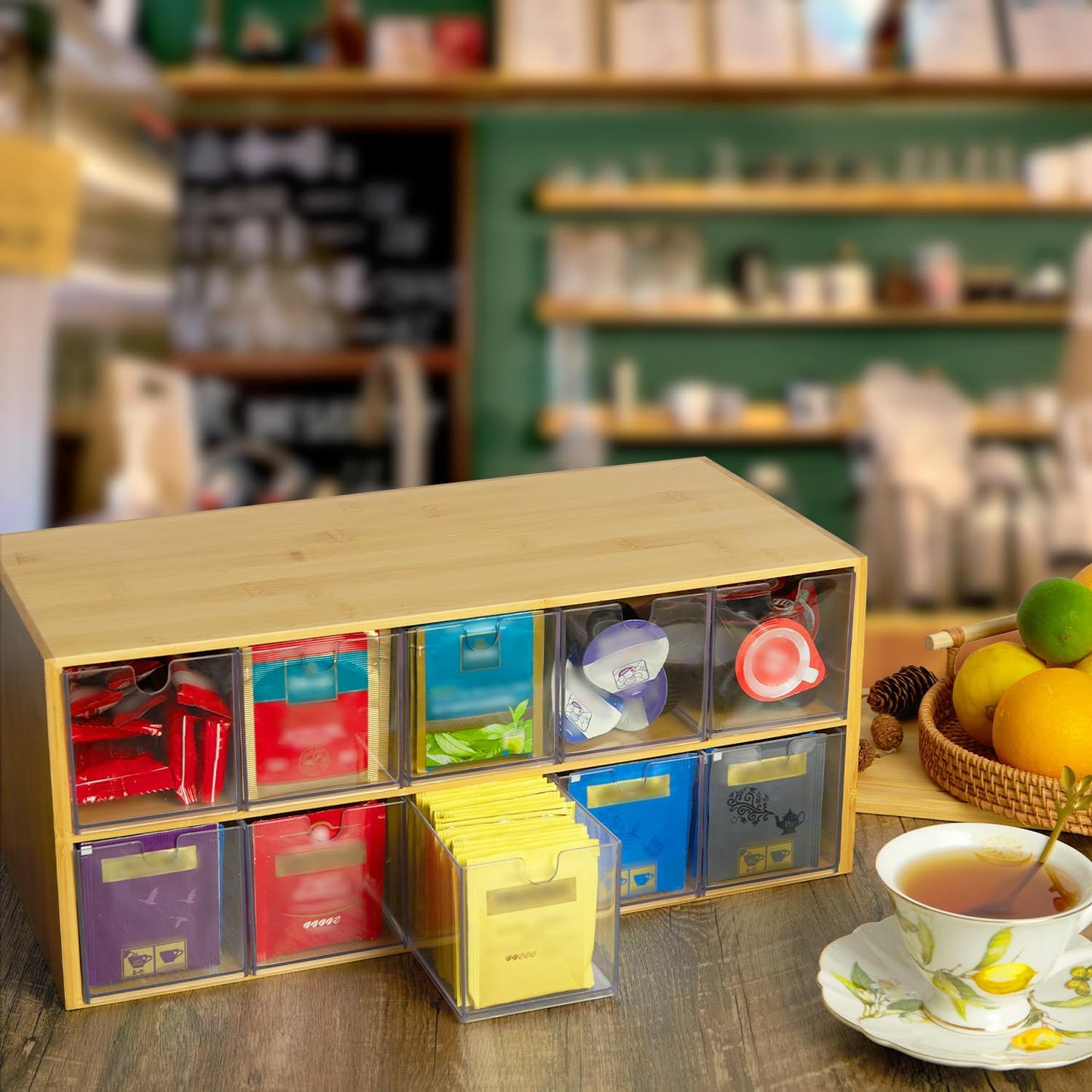 TIMIEEYA Tea Bag Organizer - Bamboo Tea Storage Organizer With Drawer 2 Layer, Tea Organizer for Tea Bags Natural Wood & Acrylic for Countertop Office Kitchen Cabinet Pantry