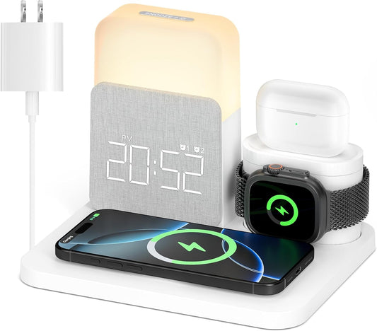 Alarm Clock with Wireless Charger for Bedrooms, 6 in 1 Wireless Charging Station, Magnetic Charger with Night Light Bedside Clock for iPhone 17 16 15 14 13 12 Pro Max, Apple Watch, AirPods
