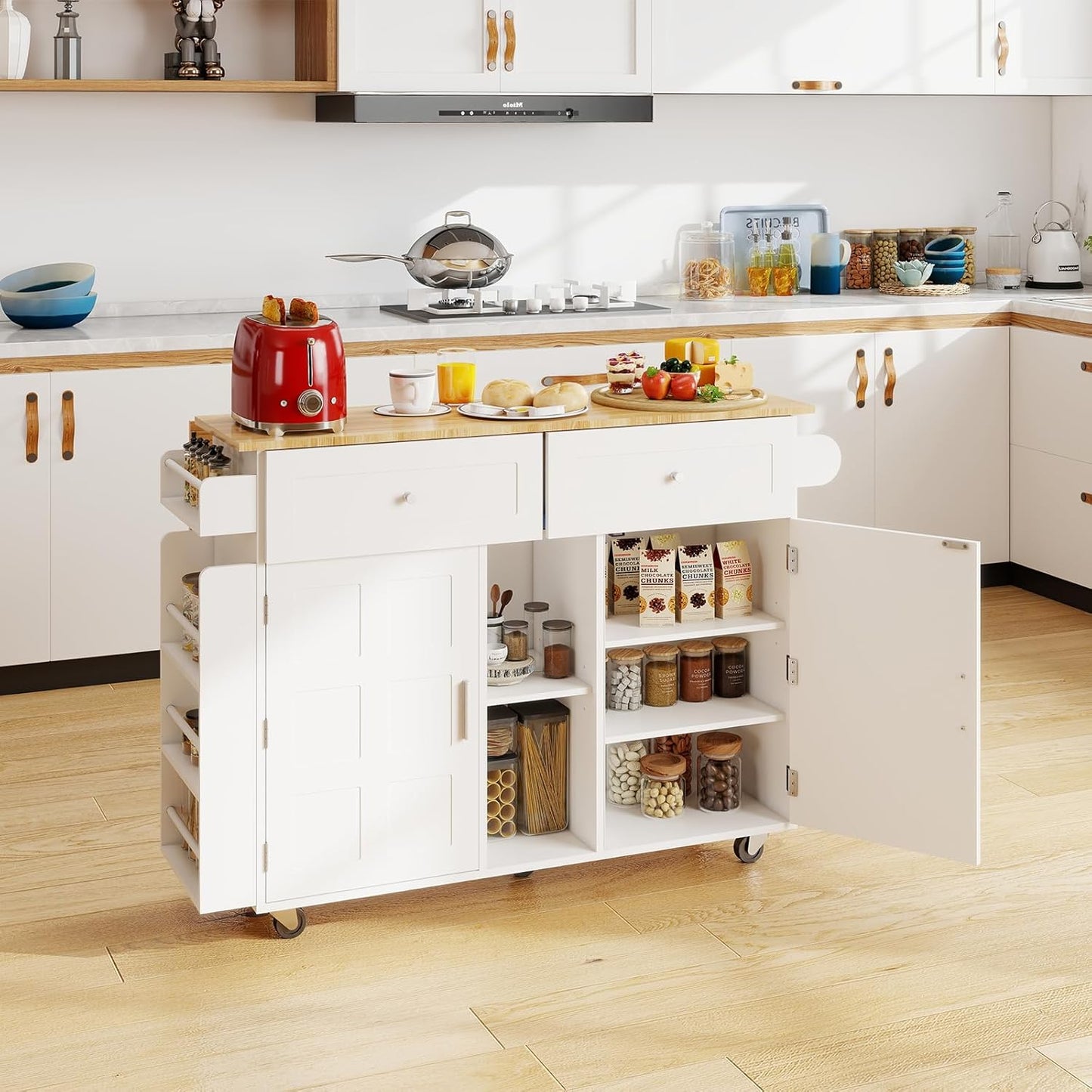 YOURLITE Kitchen Islands with Wheels, 45" Kitchen Island with Drop Leaf, Home Bar Table with Spice Rack & with Trash Cabinet, Rolling Island Table for Dining Room with Power Outlet, White