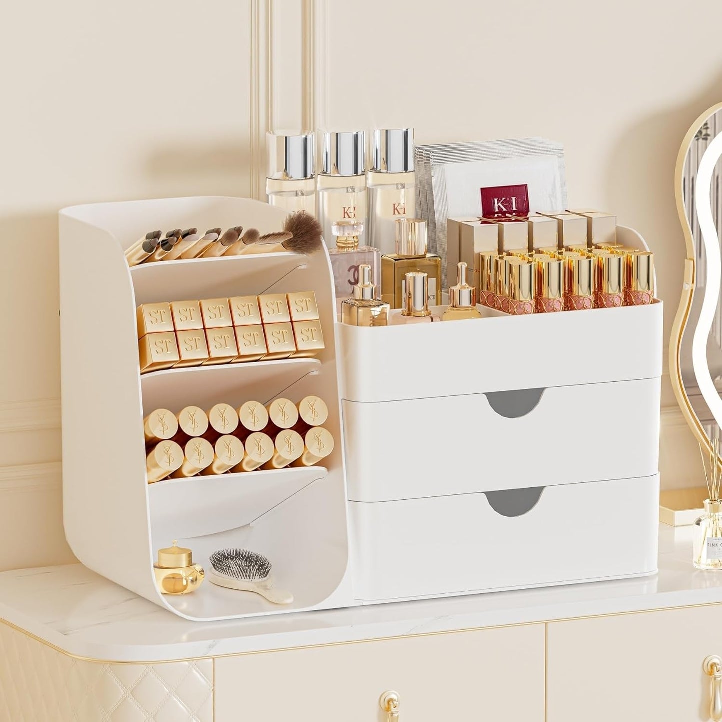 Makeup Organizer with Brush Holder for Vanity,Countertop Makeup Organizer with Drawers,Spacious Cosmetic Display Case,Perfect Storage Solution for Your Beauty Essential (All White, Large)