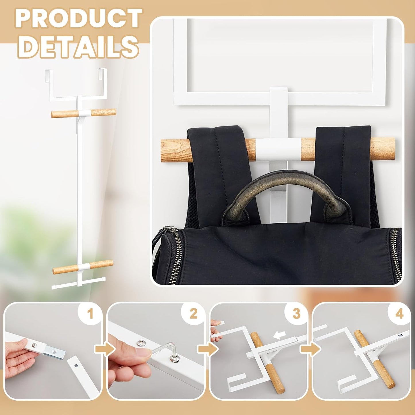 Over The Door Backpack Hanger, Backpack Hanger for Closet, Two Tiered Metal Storage Rack Backpacks Hooks, Heavy Duty Hook Storage for Schoolbag, Easy Installation(White,1)