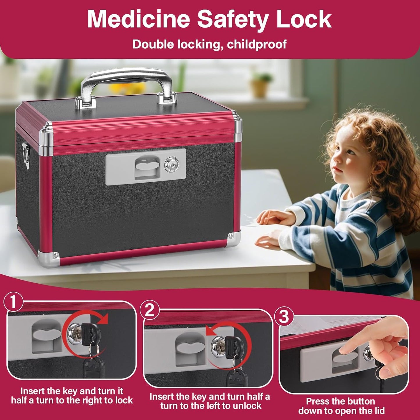 Medicine Lock Box for Safe Medication - 15 x 8.7 x 9.4 Inches - Lockable Storage Box for Drugs, First Aid Kit Empty, Lock Boxes with Key for Home/Outdoor (Black & Red/X-Large)