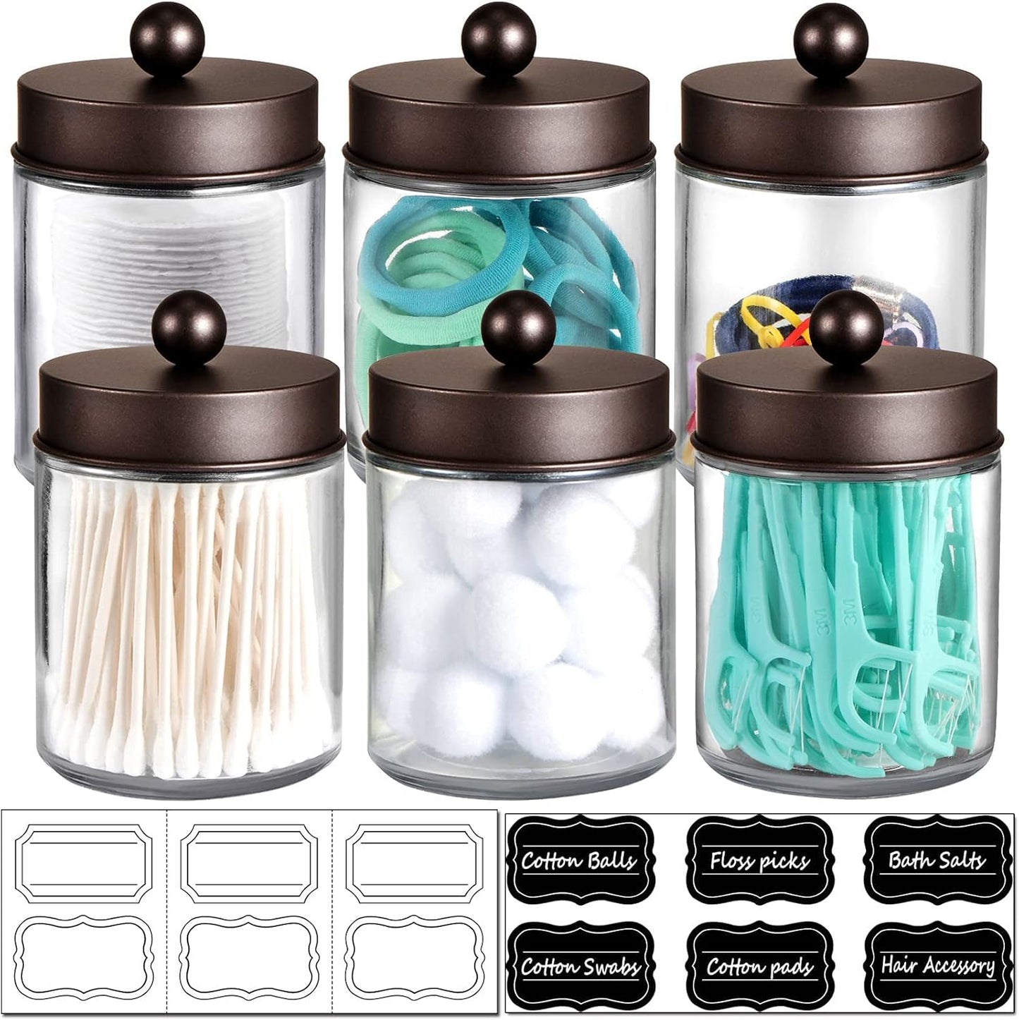 Amolliar 6Pc Apothecary Jars Bathroom Vanity Organizer- Rustic Farmhouse Decor Storage Canister with Stainless Steel Lids- Qtip Dispenser Holder for Q-Tips,Cotton Swabs,Rounds,Ball,Flossers (Bronze)