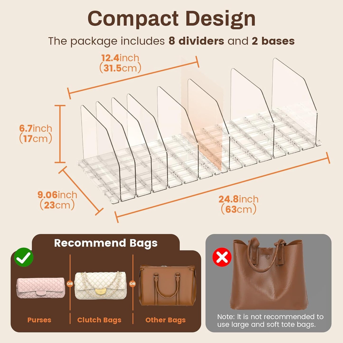Purse Organizer for Closet, Adjustable Clear Handbag Storage Holder, Acrylic Purse Organizer for Closet Organization, Shelf Divider, Perfect for Bedroom, Living Room, Home