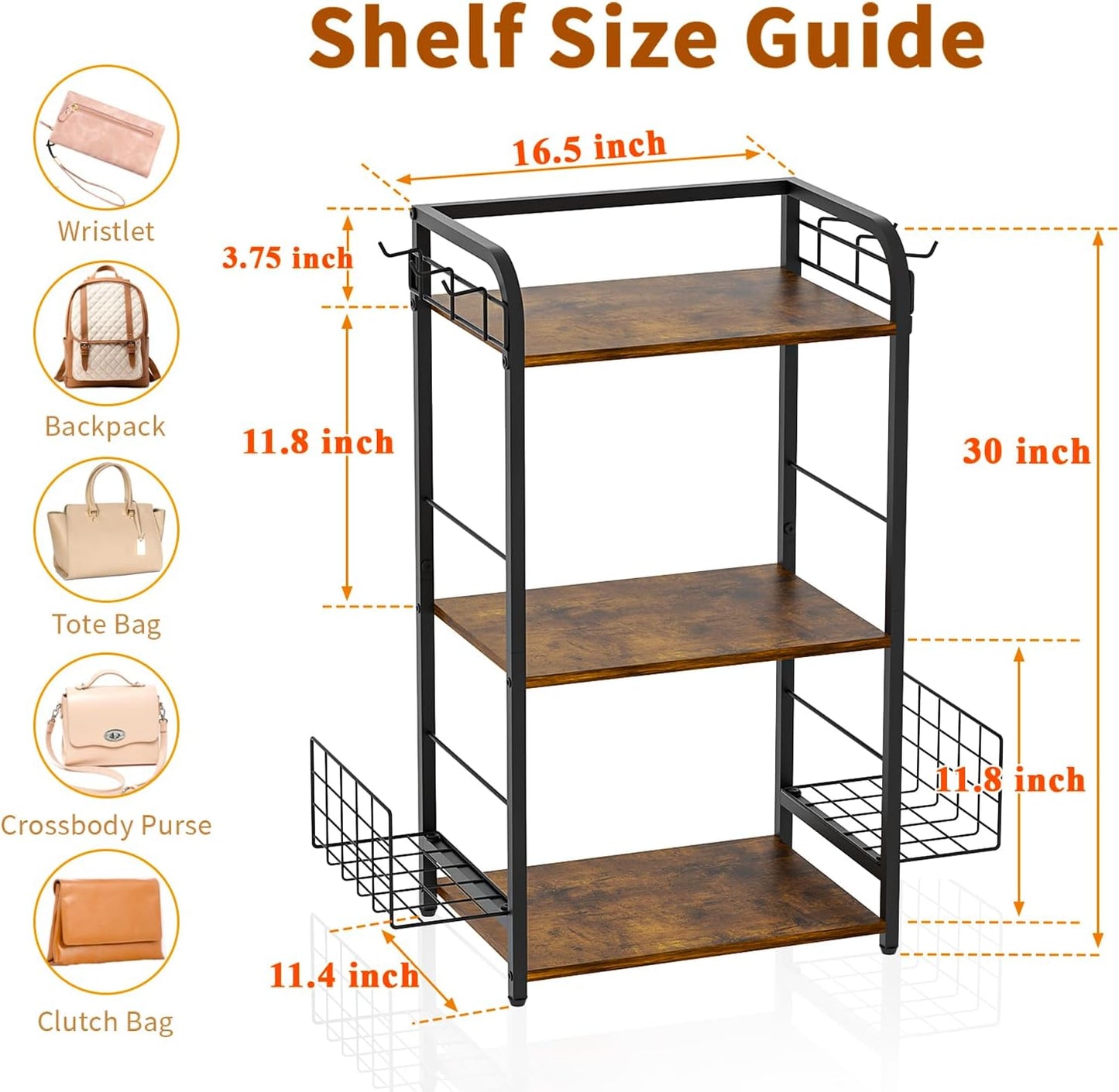 Iron & Wood Floor-Standing 3-Tier Purse Rack with Adjustable Feet, High-Capacity Bag Organizer for Closet, Patent Pending