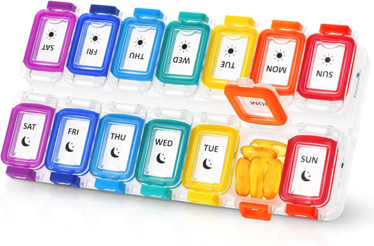 Fullicon Moisture Proof Pill Organizer 2 Times a Day, Large Pill Box 7 Day, Spill Proof Pill Case, Travel Pill Container, Medicine Pill Organizer with Secure Lids, Daily Pill Organizer (Rainbow Clear)