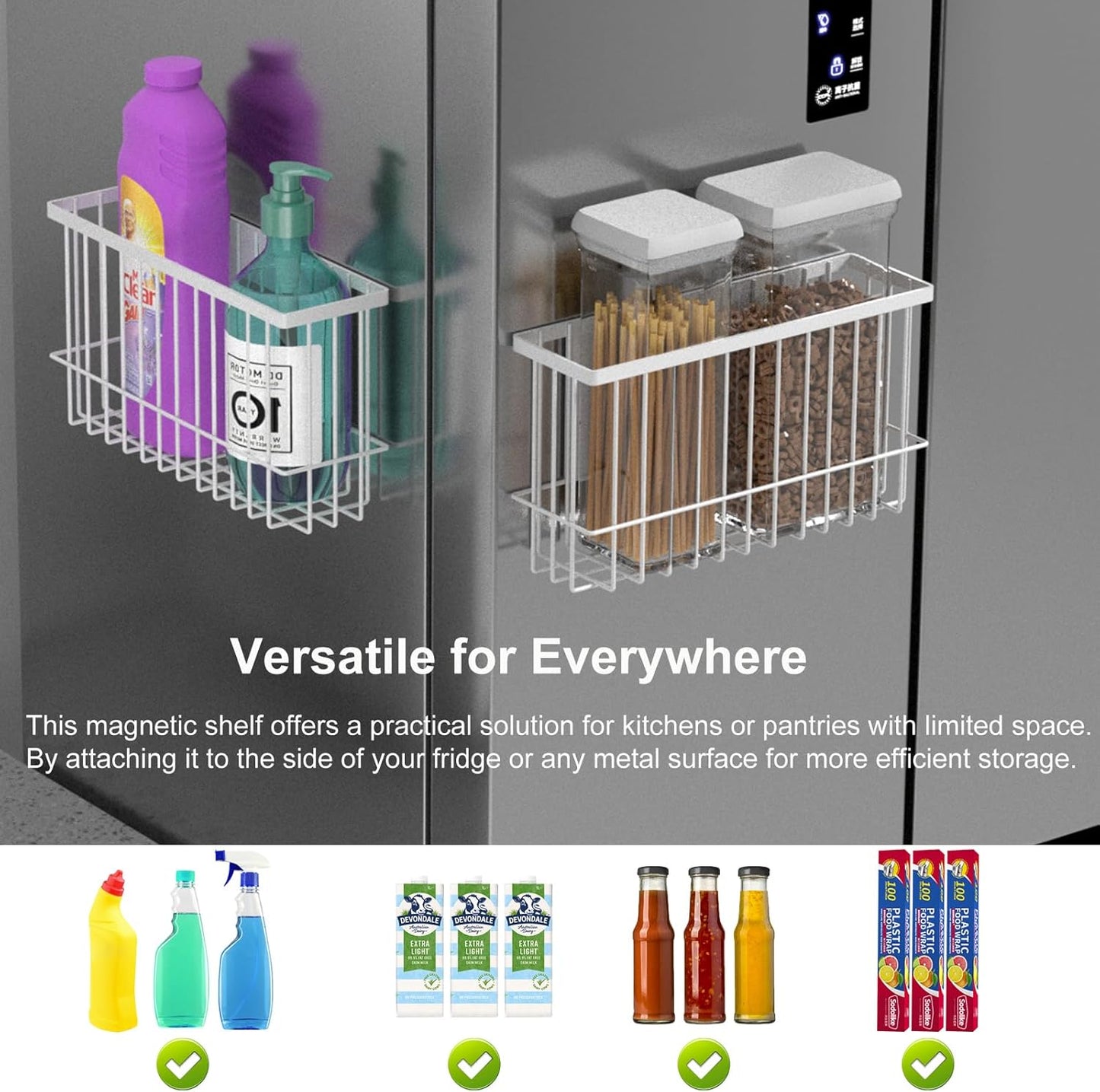 Magnetic Refrigerator Baskets, Fridge Spice Rack Organizer with Hooks, Strong Magnet Metal Hanging Wire Storage Basket Storage Bin Box Container for Pegboard /Refrigerator/Whiteboard/Locker-White