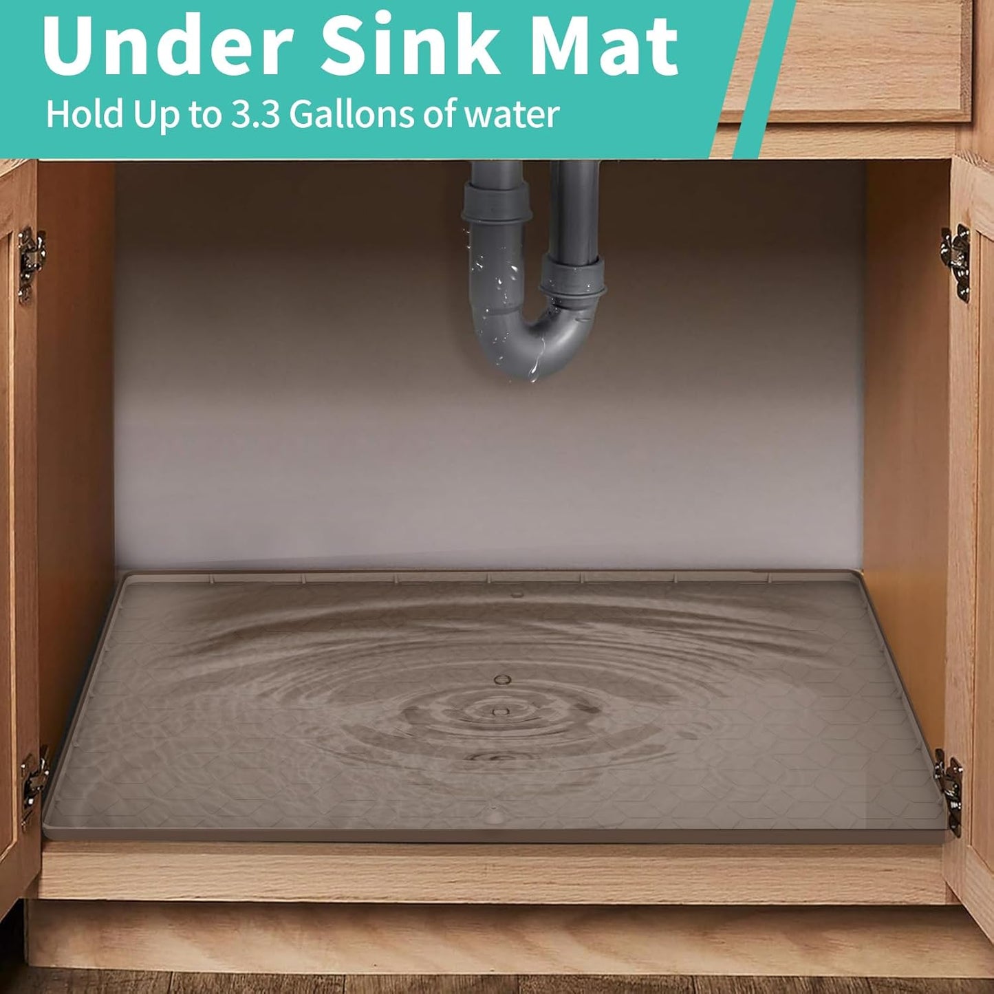 Under Sink Mat for Kitchen Silicone Waterproof Under Sink Liner, Flexible Sink Cabinet Organizer Tray with Drain Hole, Hold up to 3.3 Gallons Liquid, Easy to Clean (Brown, 28X19)