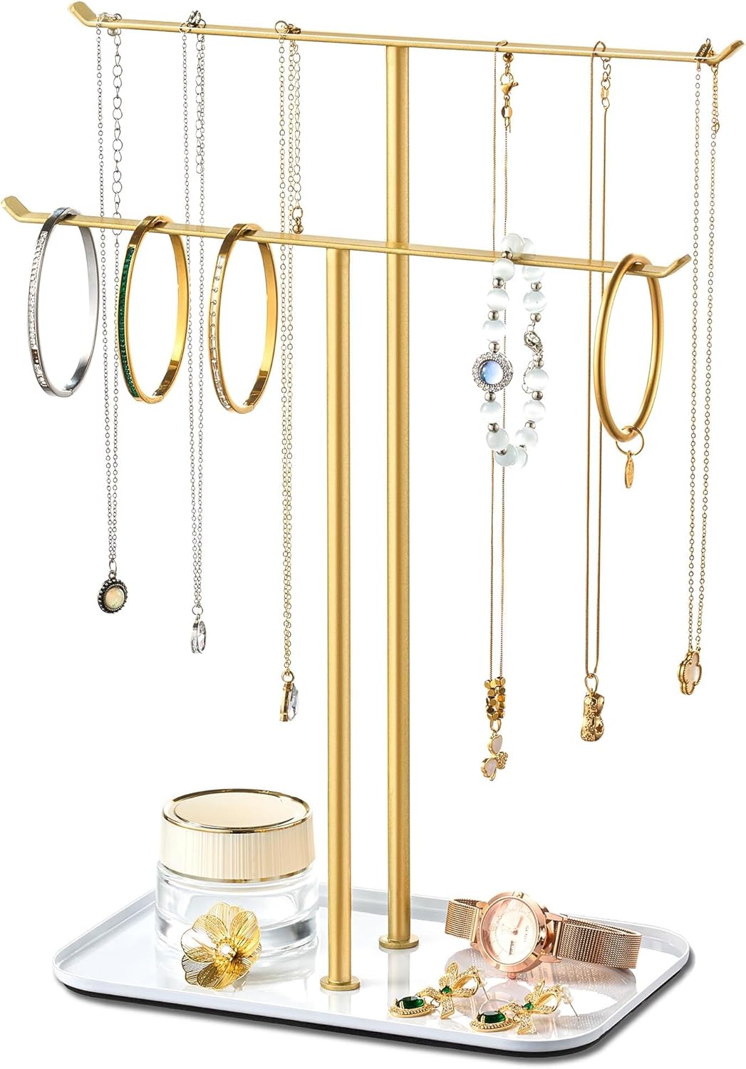 pickpiff Necklace Holder Jewelry Organizer Stand – 2‑Tier T‑Bar Jewelry Display Tree with Tray for Countertop Necklace Bracelet Earring Storage, Vanity Dresser Bathroom Sink, Gold