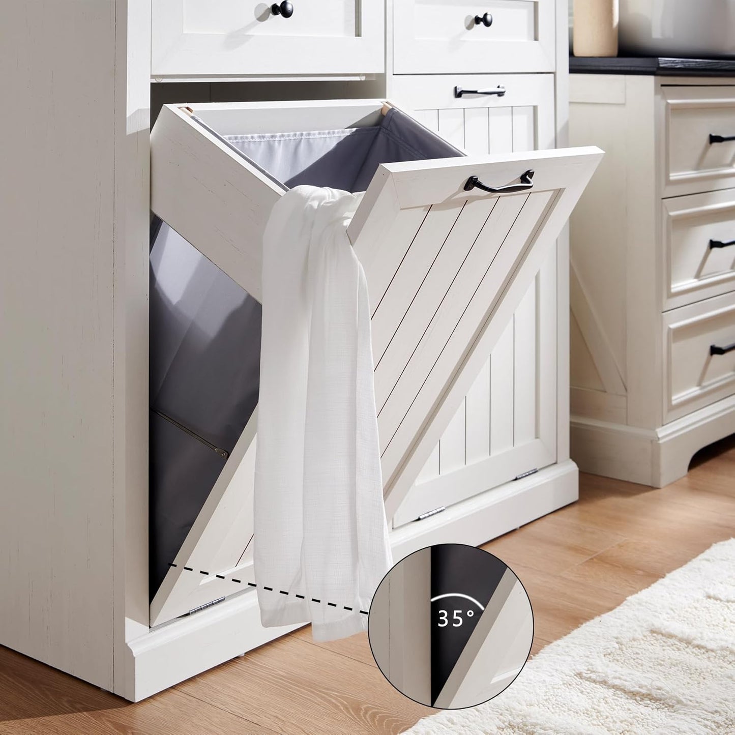 Double Tilt Out Trash Cabinet, 20 Gallon Farmhouse Laundry Hamper Cabinet with 2 Drawers, Hidden Wooden Trash Can Cabinets with Storage Basket for Kitchen, Living Room (Antique White)