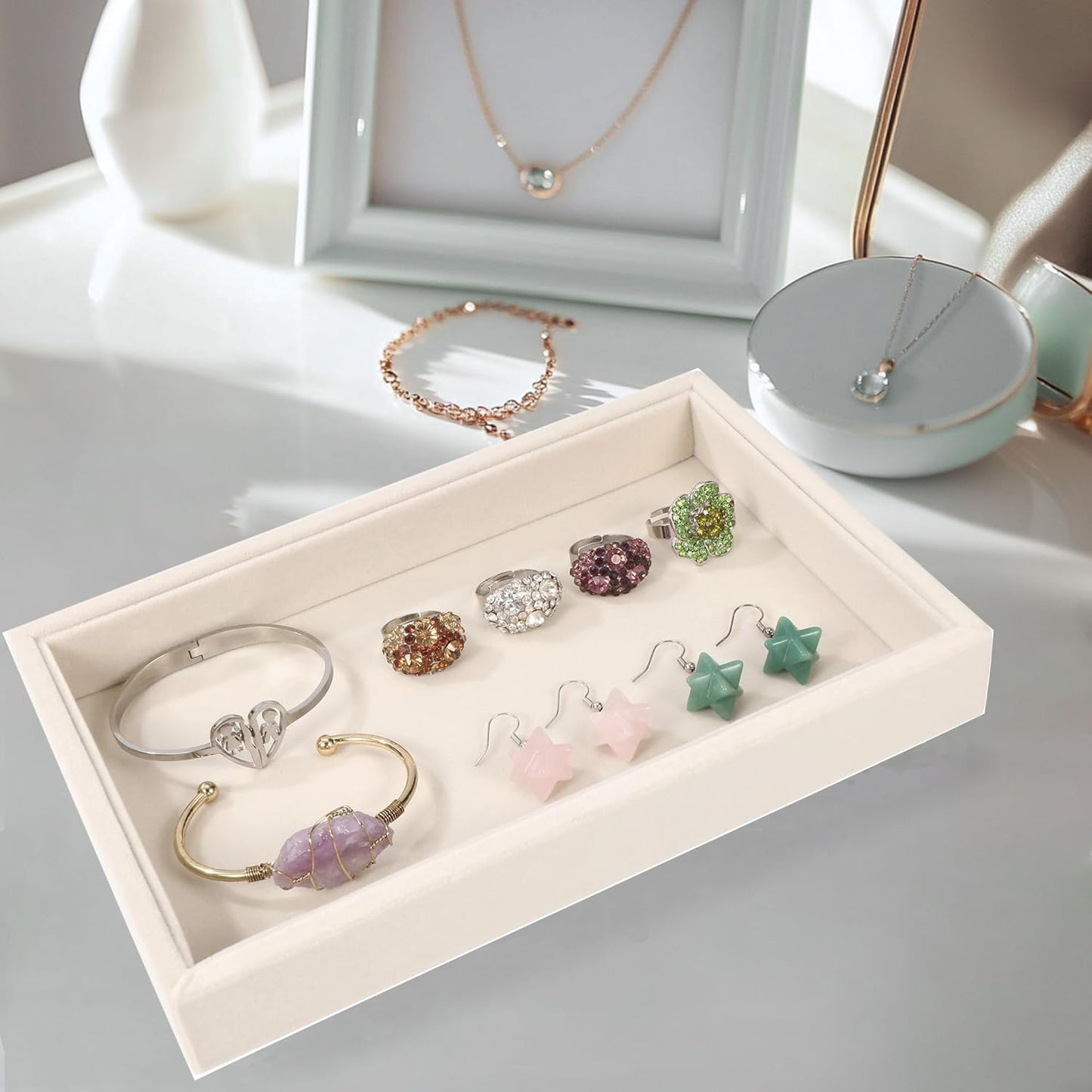 Mornajina 9" x 5.7" Velvet Jewelry Tray Jewelry Display Tray, Stackable Empty Plate Trays for Earrings Necklaces Bracelet Rings Display Showcase - Light Khaki