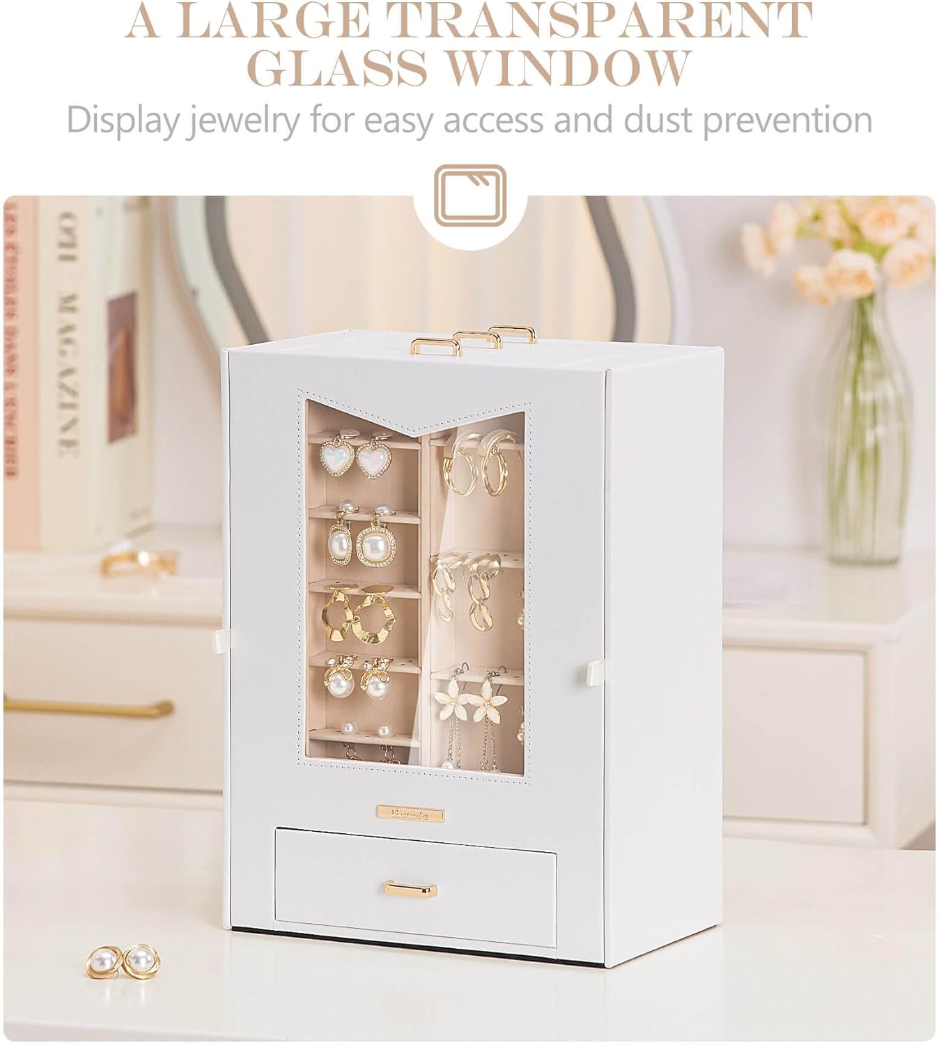 Homde Jewelry Organizer with Transparent Window Necklace Hooks Gift for Women Jewelry Box Display Case for Necklaces Rings Earrings Bracelets and Other Jewelry Accessories (White + Gold)