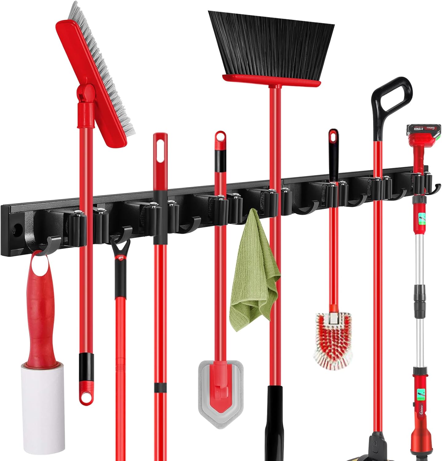 SLIIMU Movable 30'' Broom and Mop Holder Wall Mount with Sliding 7 Racks 8 Hooks, Storage Organizer Wall Hanger, Cleaning Tool Hanging Grippers for Kitchen Bathroom Garden Garage Laundry Home Closet