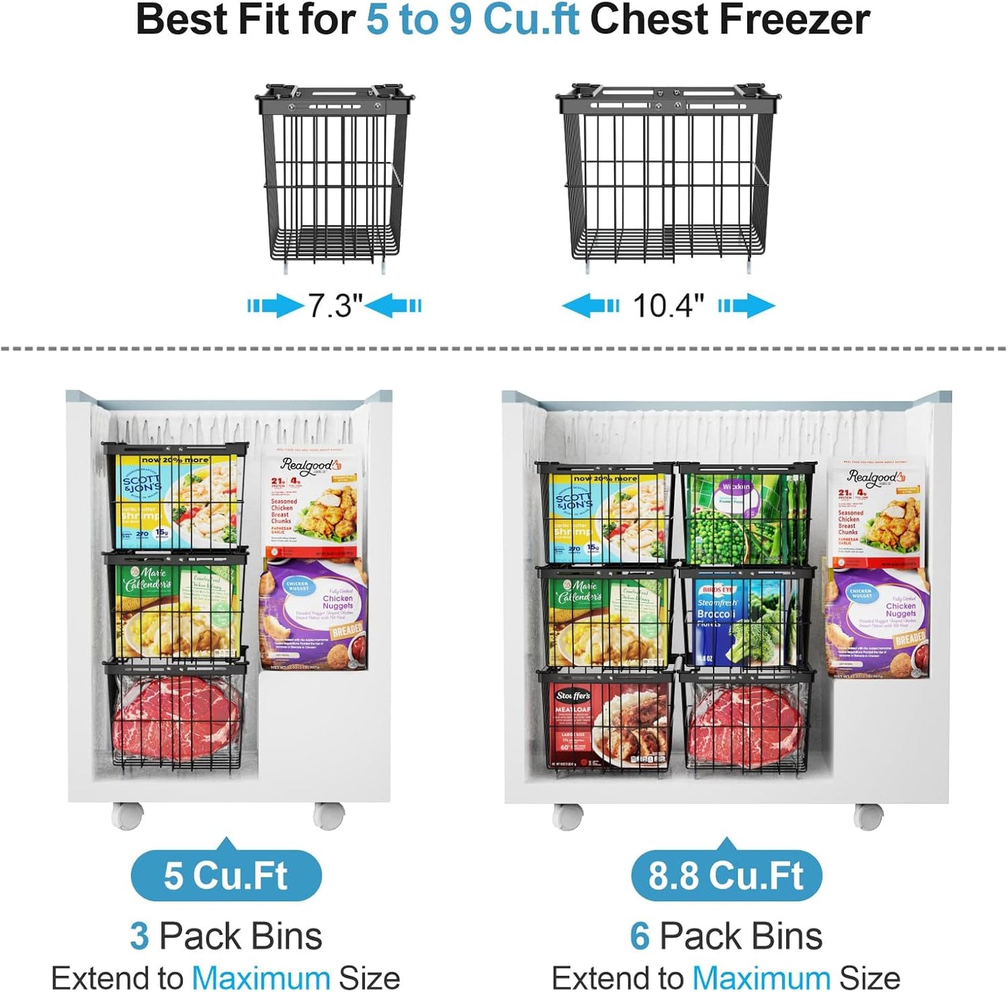 iSPECLE Freezer Organizer Bins - Fit 5 to 9 Cu.Ft, 6 Pack Adjustable & Extra Large Chest Freezer Organizer Bins for Deep Freezer, Easy Organize Basket Store More, Stackable No Wasted Space, Black