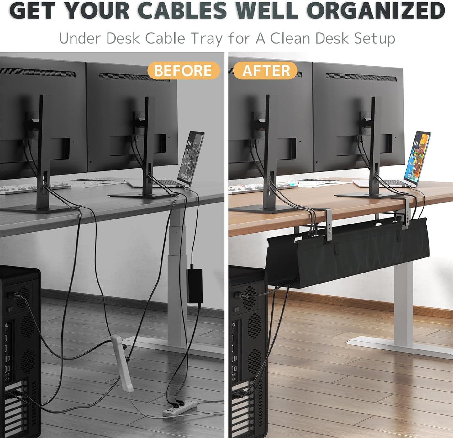 No Drill Under Desk Cable Management Tray - 36" Clamp/Screw Desk Cord Management, Premium Fabric Cable Racyway for Office & Home