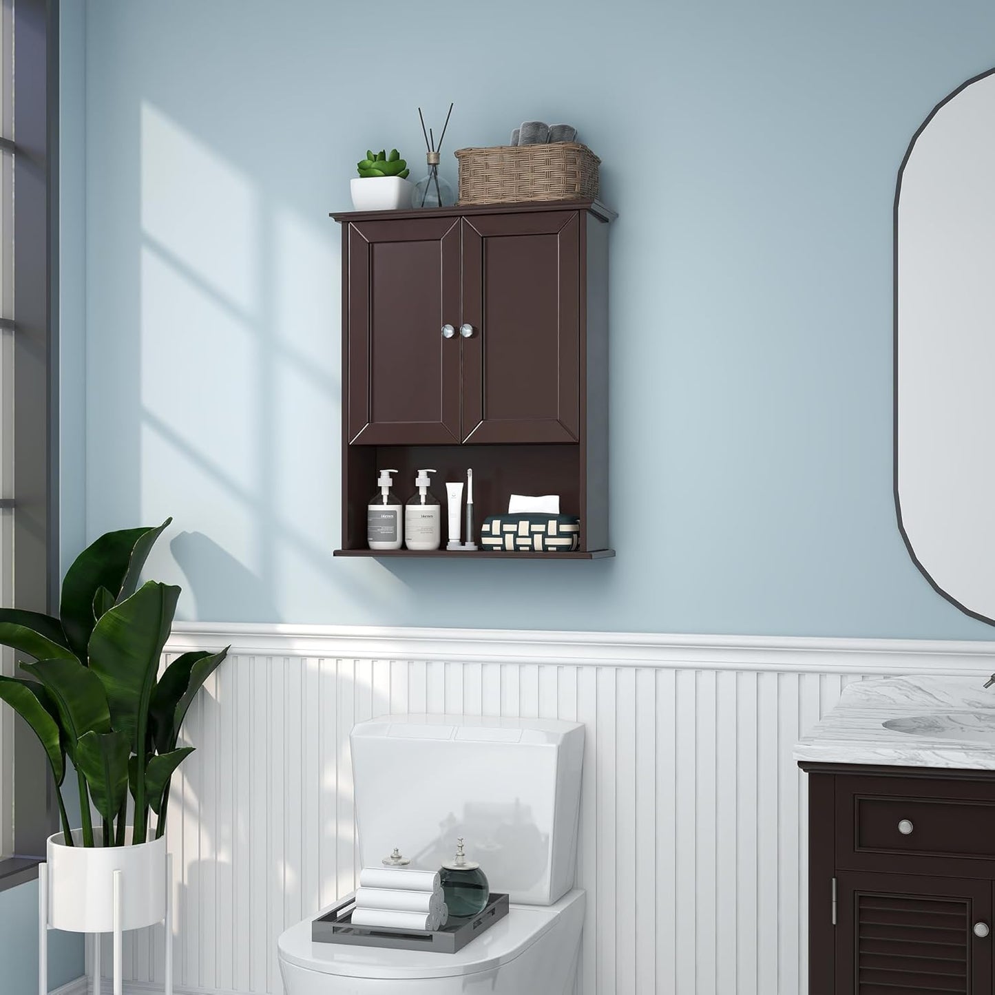 Bathroom Wall Cabinet Expresso Over Toilet Storage - 24x30 in Above Toilet Wood Medicine Cabinet with Adjustable Shelf & 2 Door Mounted Wall Cabinet