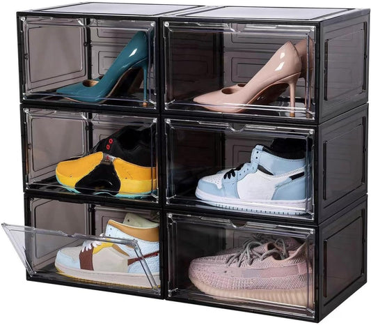 Attelite Large Clear Shoe Box Organizer,Plastic Stackable Shoe Storage Box with Magnetic Door, Large Clear Door Shoe Containers for Display Sneakers, Easy Assembly（Black）