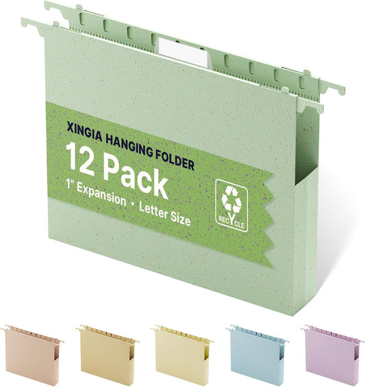 Wheat Straw Plastic Hanging File Folder Letter Size,Heavy Duty 1 Inch Expansion,12 Pack Extra Capacity Hang Folders for Filing Cabinet,Reinforced File Pockets Folder with Tabs(Morandi Green)