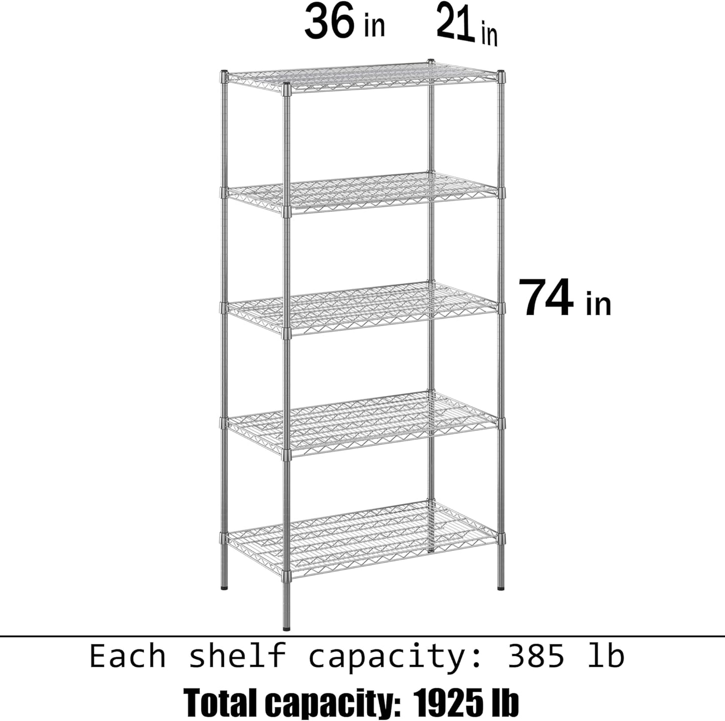 21" Deep x 36" Wide x 74" Height Wire Shelving Kit | 5-Tier | NSF Commercial Storage Rack Unit