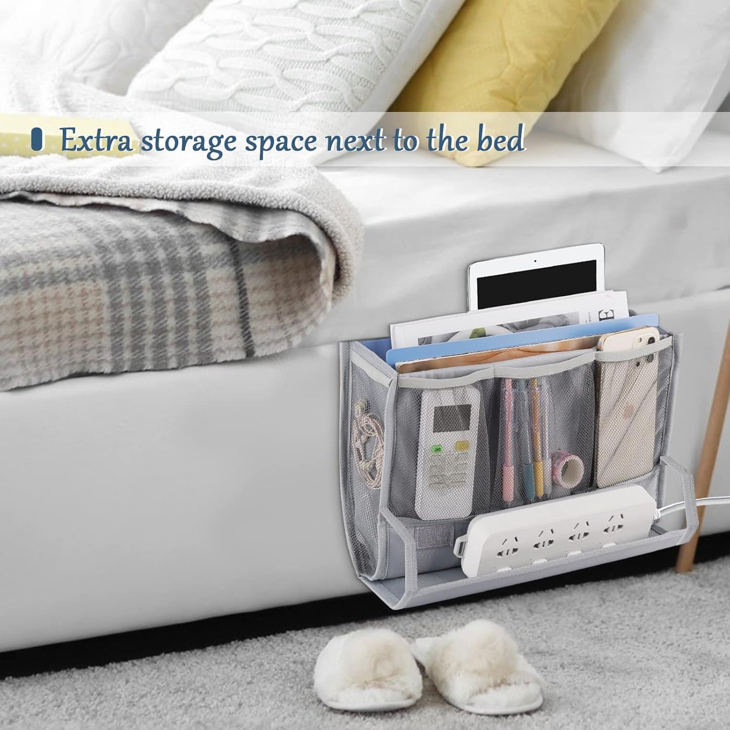 Bedside Caddy Bedside Storage Organizer Bedside Organizer with Power Strip Holder and 2 Adjustable Straps for Home Bunk Bed College Dorm Sofa (2 Pack Light Gray)