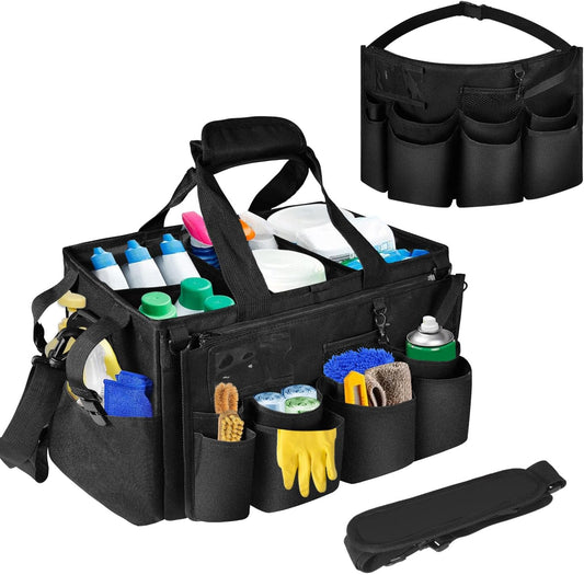 Boczif Cleaning Caddy Bag Wearable, Cleaning Caddy Supplies Organizer with Handle, Shoulder Straps & Detachable Divide, Cleaning Tool Organizers Tote Bag for Cleaners & Housekeepers（Black）