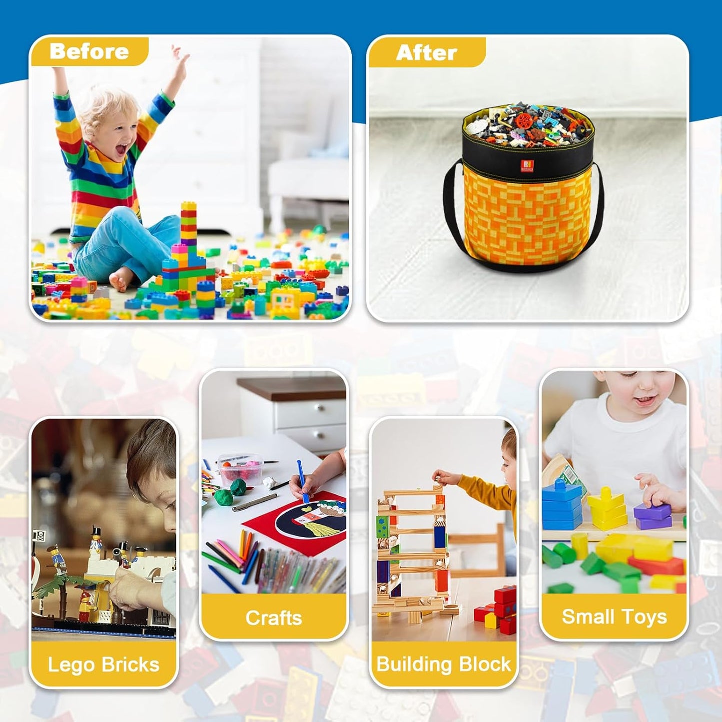 Toy Storage Organizer Basket Bag with Drawstring for Buliding Bricks, Blockets,Puzzles,Lego,Playroom Cinch Bucket Carrying Bag with Handle (Yellow)