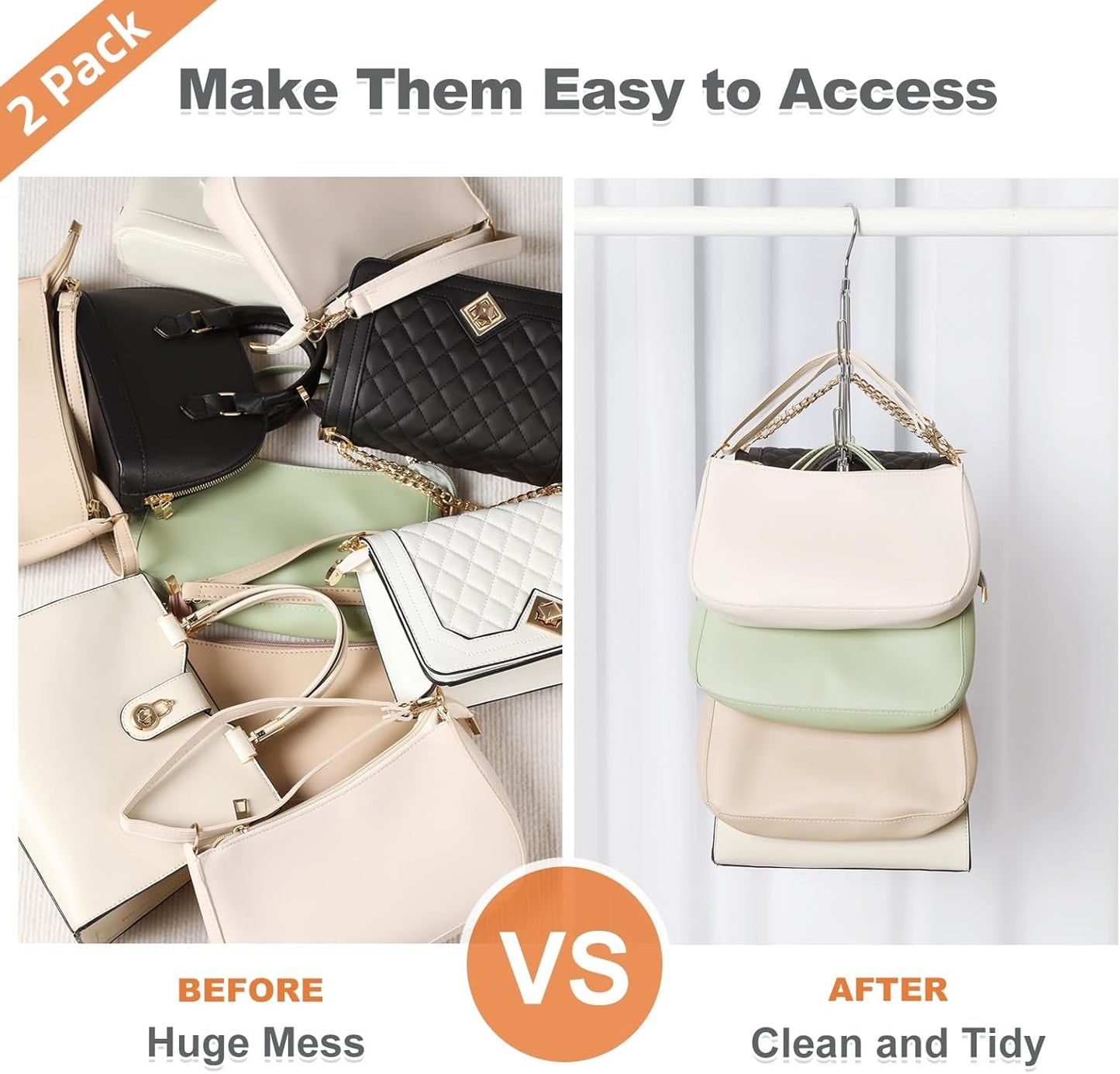 TOPIA HANGER Purse Hanger Organizer for Closet, 2-Pack Handbag Organizer Hanger, 360°Swivel Metal Purse Hooks, Bag Rack, Belt Organizer, Tie Rack, Scarf Hanger, Bag Storage Organizer, Silver