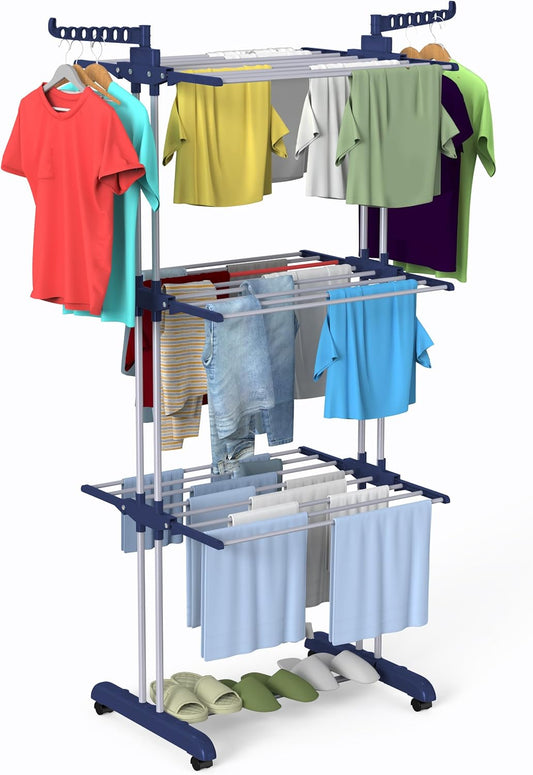 Bigzzia Clothes Drying Rack, 67.7 Inch Laundry Drying Rack with Foldable Base, 4 Tier Stainless Steel Drying Rack Clothing, Movable Laundry Rack for Indoor Outdoor-Blue