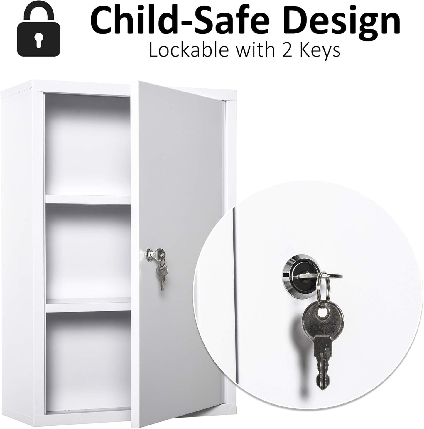 kleankin Steel Wall Mount Medicine Cabinet 3 Tier Emergency Box for Bathroom Kitchen, Lockable with 2 Keys, White